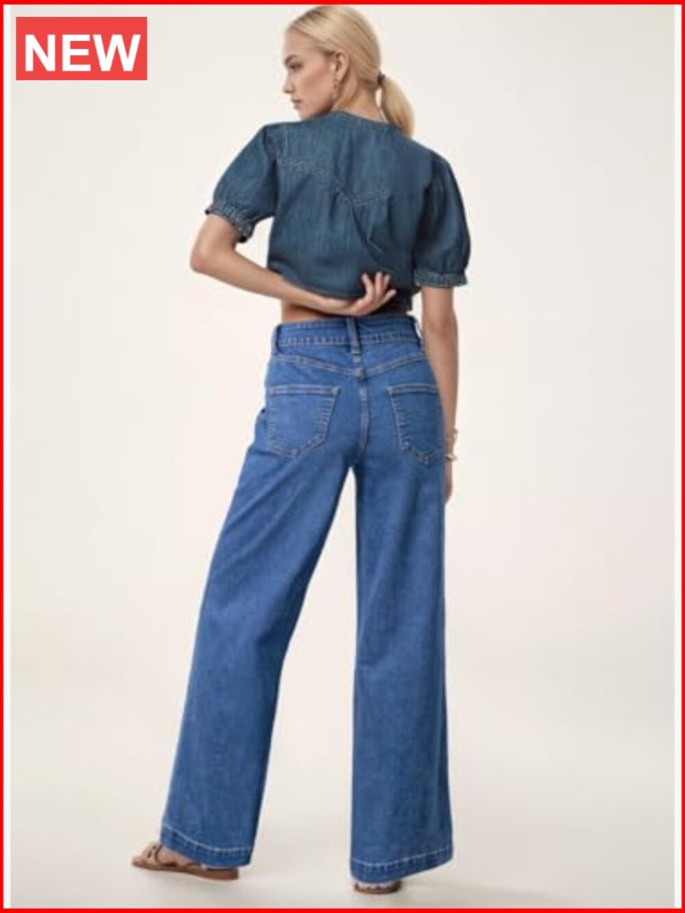 High Waisted Stretch Loose Fit Colorblock Denim Pants with Pocket - Picture 4 of 5